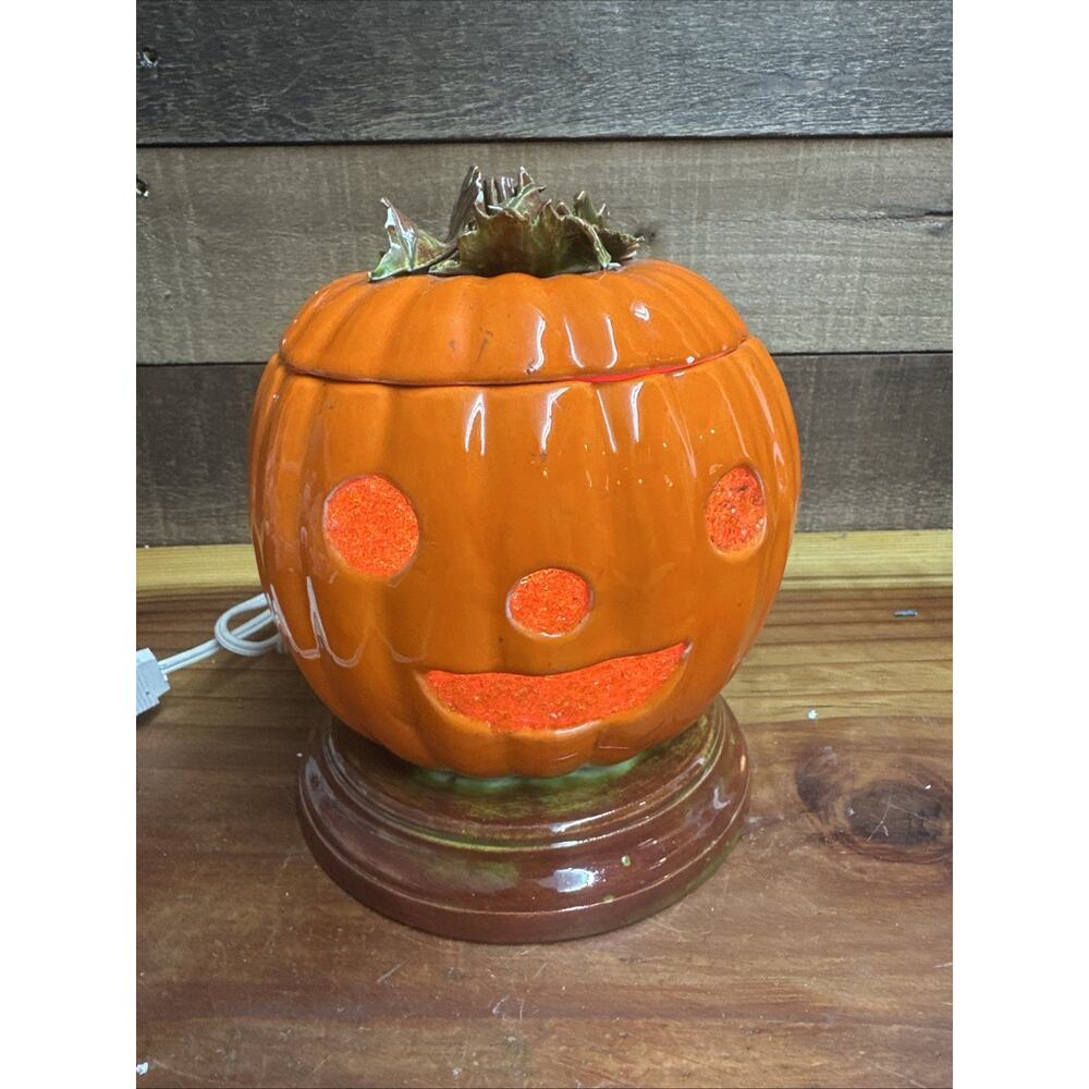 Vintage Handpainted Ceramic Light-Up Pumpkin Stained Glass Face on Base 7” Tall